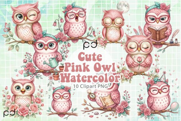 Download Cute Pink Owl Watercolor Graphics - Owl watercolor Collection